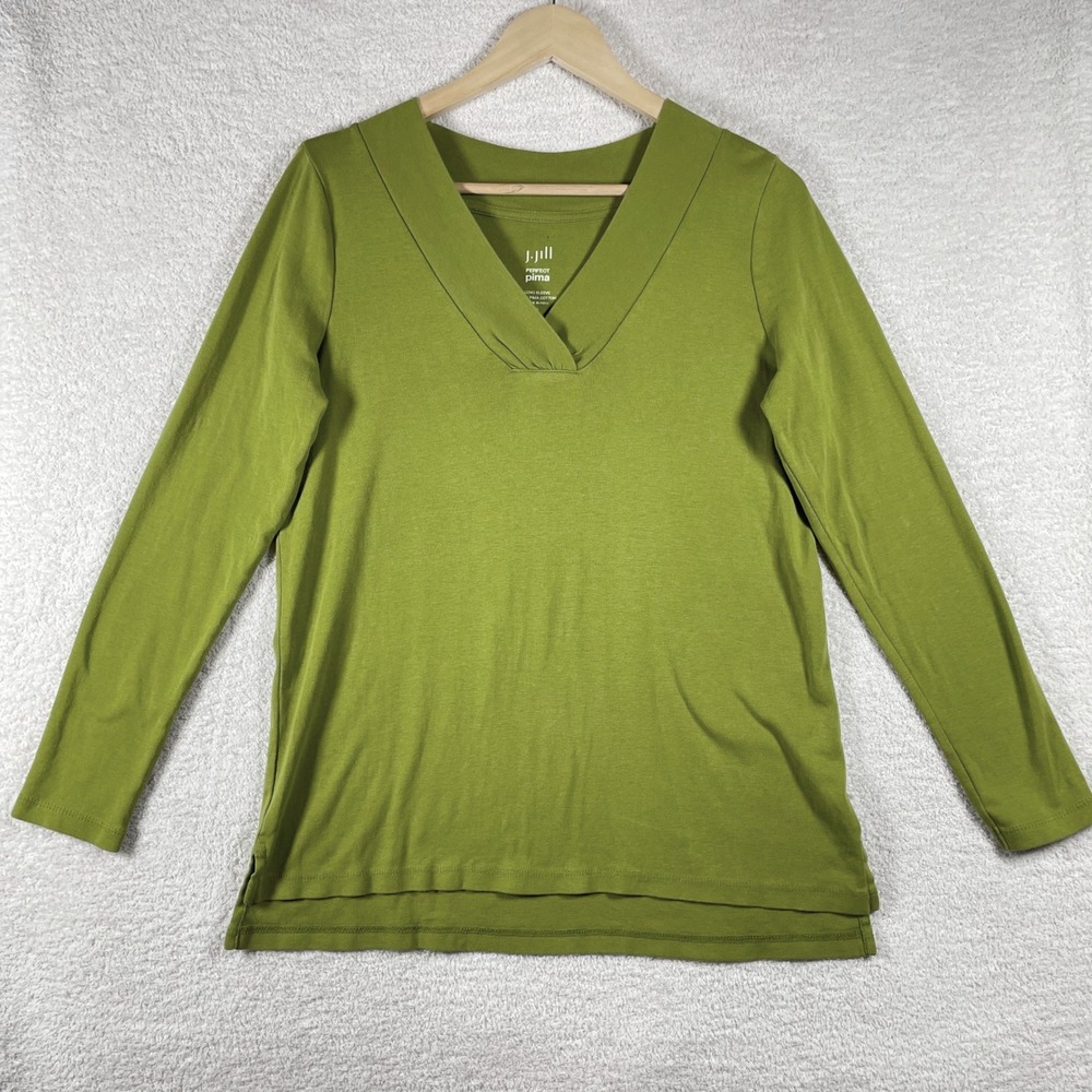 j jill perfect pima v neck long sleeve tee S 100% cotton fall green quiet luxury